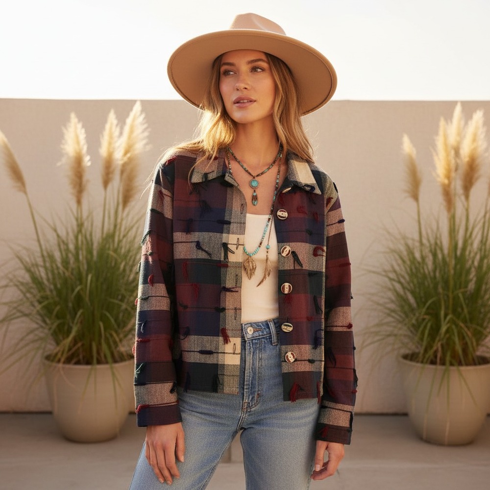 New Directions L Jacket Blazer Plaid Burgundy Blue Fringe 80s 90s Retro‎ Artsy